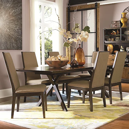 7 Piece Rectangular Table with Trestle Bottom and Upholstered Chairs Set